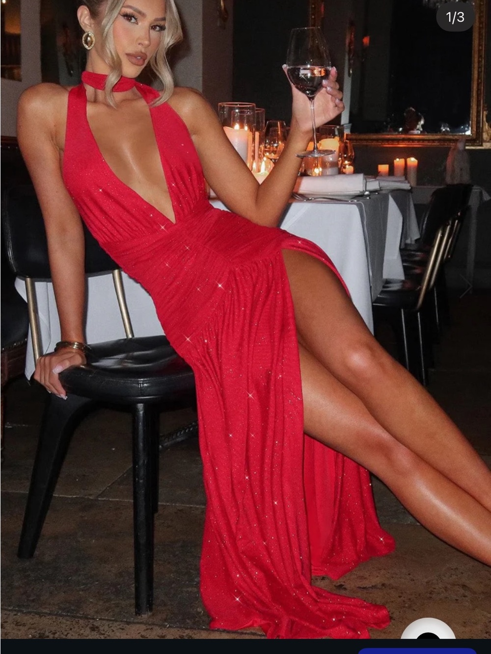 Elegant Red Halter Plunge Prom Dress with High Slit